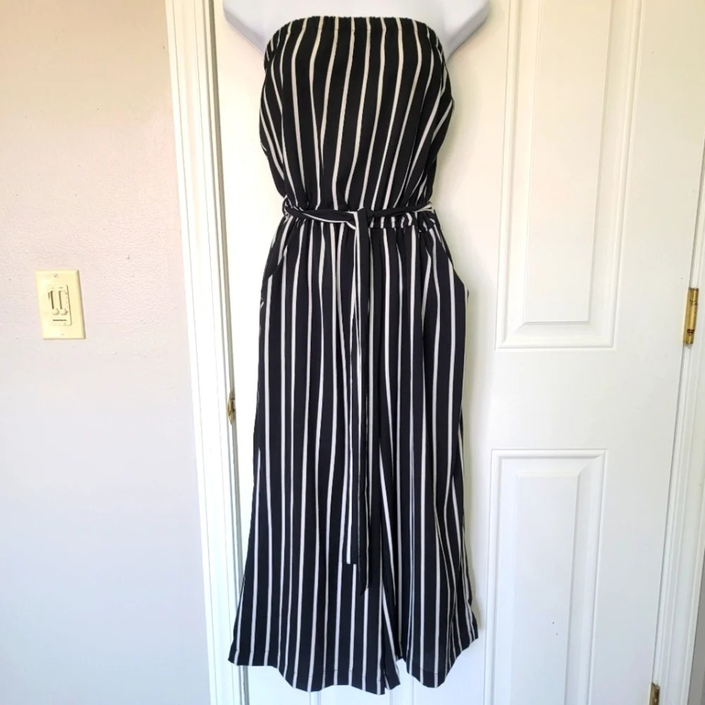 Ambiance Black And White Striped Strapless Tie Waist Cropped Jumpsuit Size S